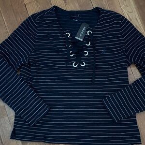 Nautica Women's Navy Striped Lace-Up Long Sleeve Top NWT